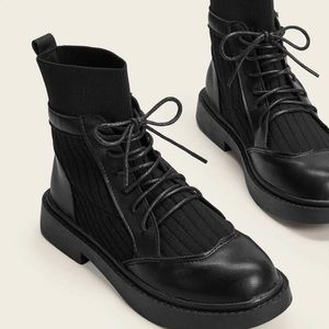 Knit Panel Front Lace-up Ankle Boots